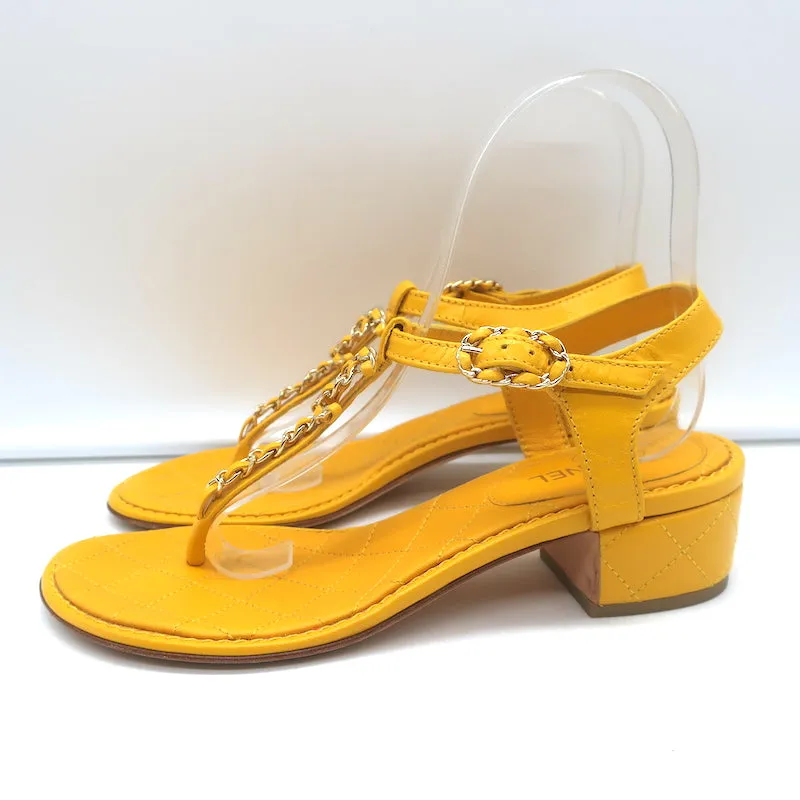 Chanel CC Chain Link T-Strap Sandals Yellow Quilted Leather Size 36