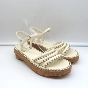 Chanel Cork Platform Sandals Cream Chain-Trim Leather Size 37.5 CC Ankle Strap