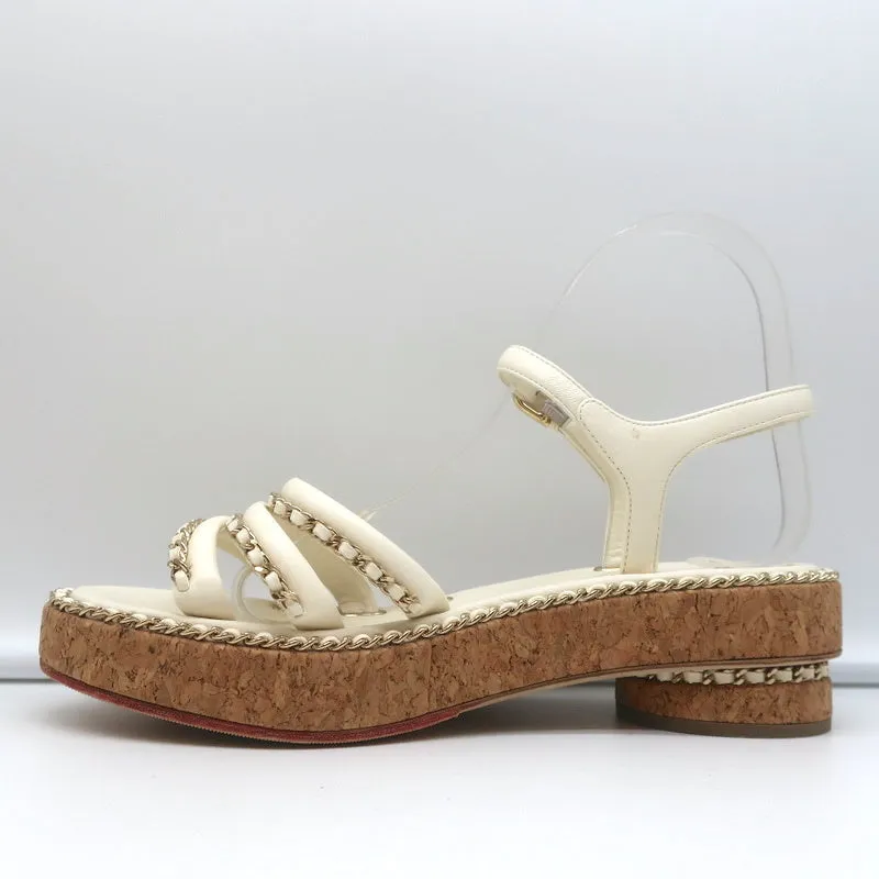 Chanel Cork Platform Sandals Cream Chain-Trim Leather Size 37.5 CC Ankle Strap