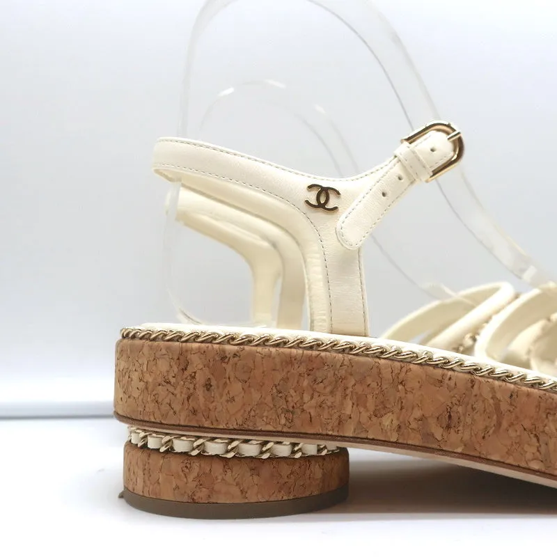 Chanel Cork Platform Sandals Cream Chain-Trim Leather Size 37.5 CC Ankle Strap