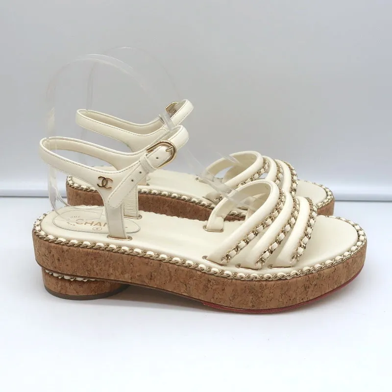 Chanel Cork Platform Sandals Cream Chain-Trim Leather Size 37.5 CC Ankle Strap