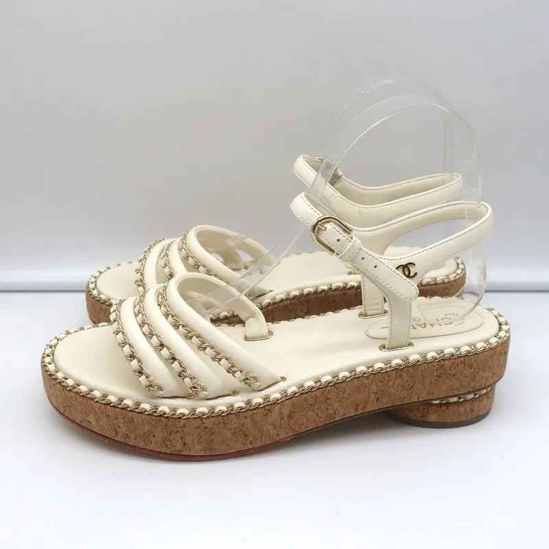 Chanel Cork Platform Sandals Cream Chain-Trim Leather Size 37.5 CC Ankle Strap