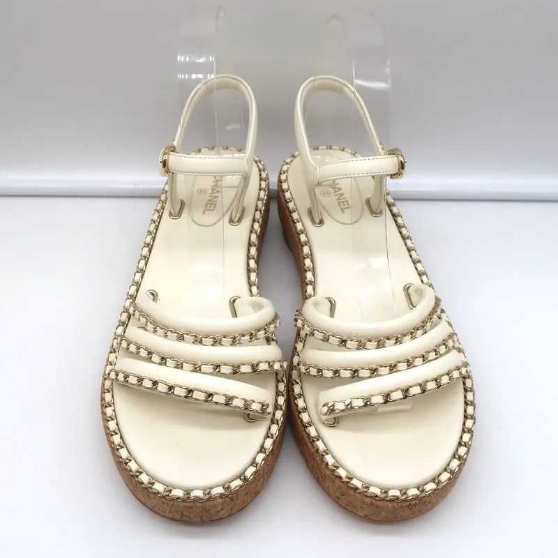 Chanel Cork Platform Sandals Cream Chain-Trim Leather Size 37.5 CC Ankle Strap