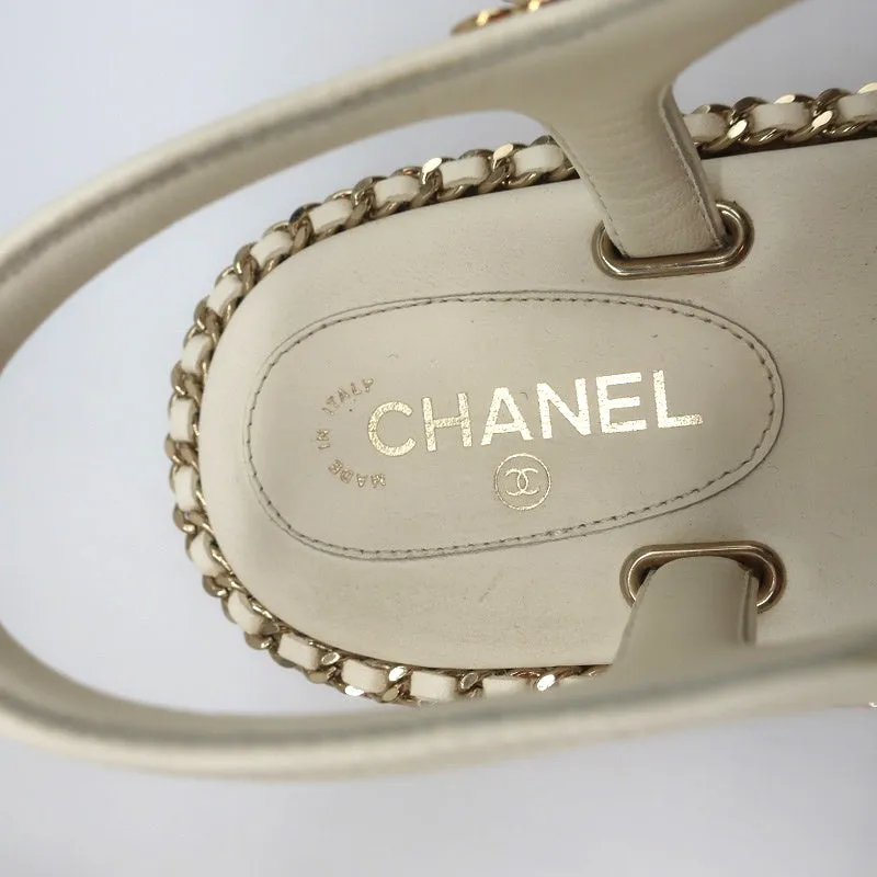 Chanel Cork Platform Sandals Cream Chain-Trim Leather Size 37.5 CC Ankle Strap