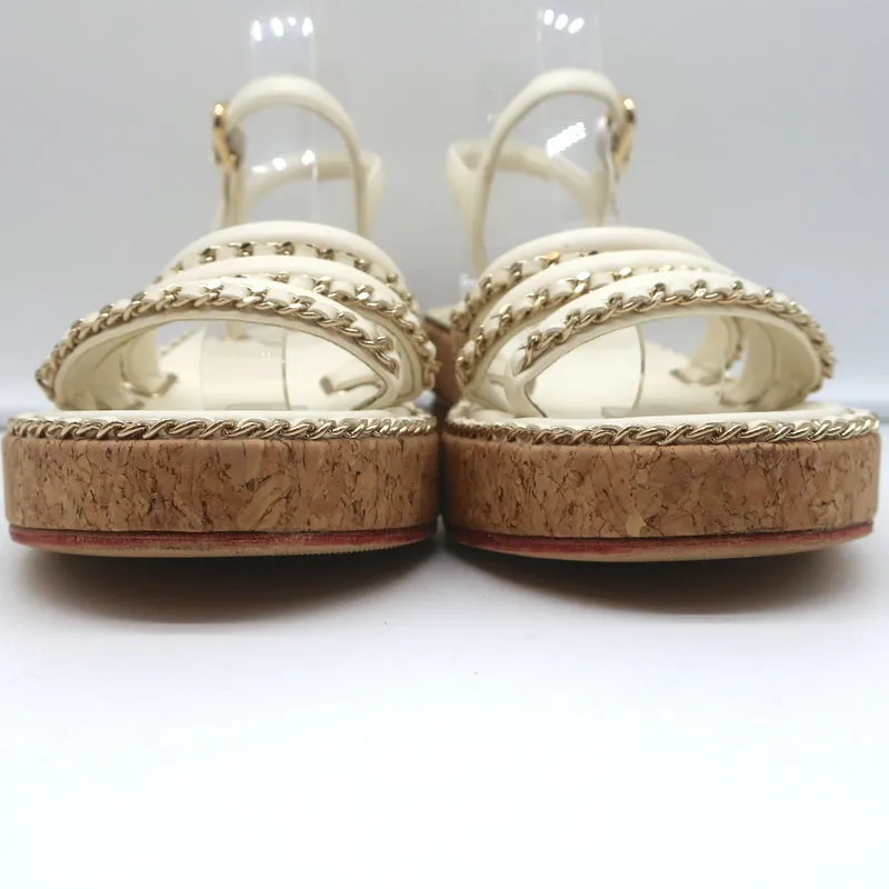 Chanel Cork Platform Sandals Cream Chain-Trim Leather Size 37.5 CC Ankle Strap