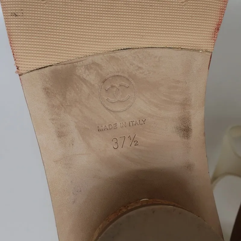 Chanel Cork Platform Sandals Cream Chain-Trim Leather Size 37.5 CC Ankle Strap