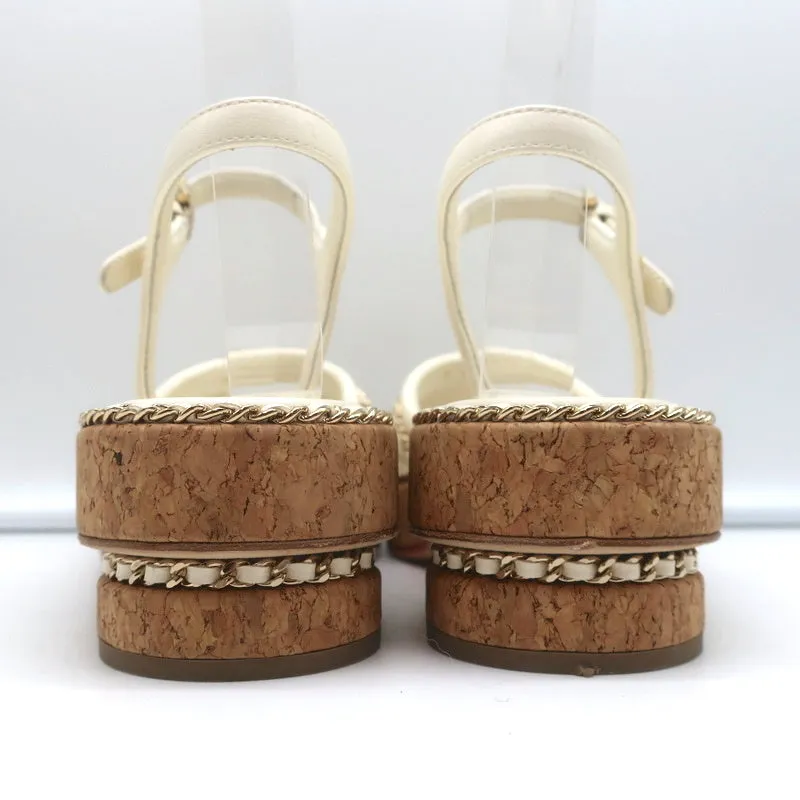 Chanel Cork Platform Sandals Cream Chain-Trim Leather Size 37.5 CC Ankle Strap