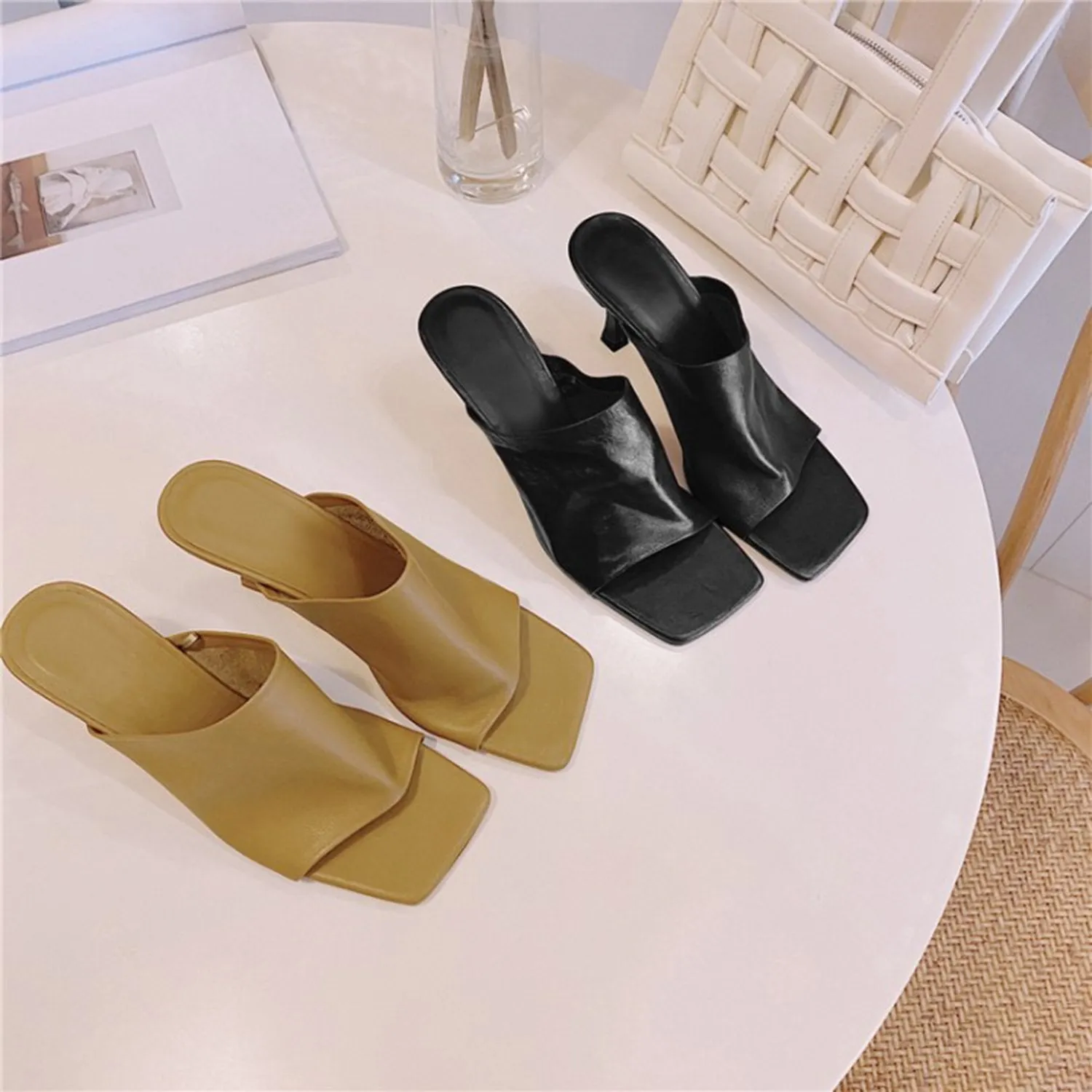 (Clean Up - US 11) Leather Square Open Toe High Heels Pumps