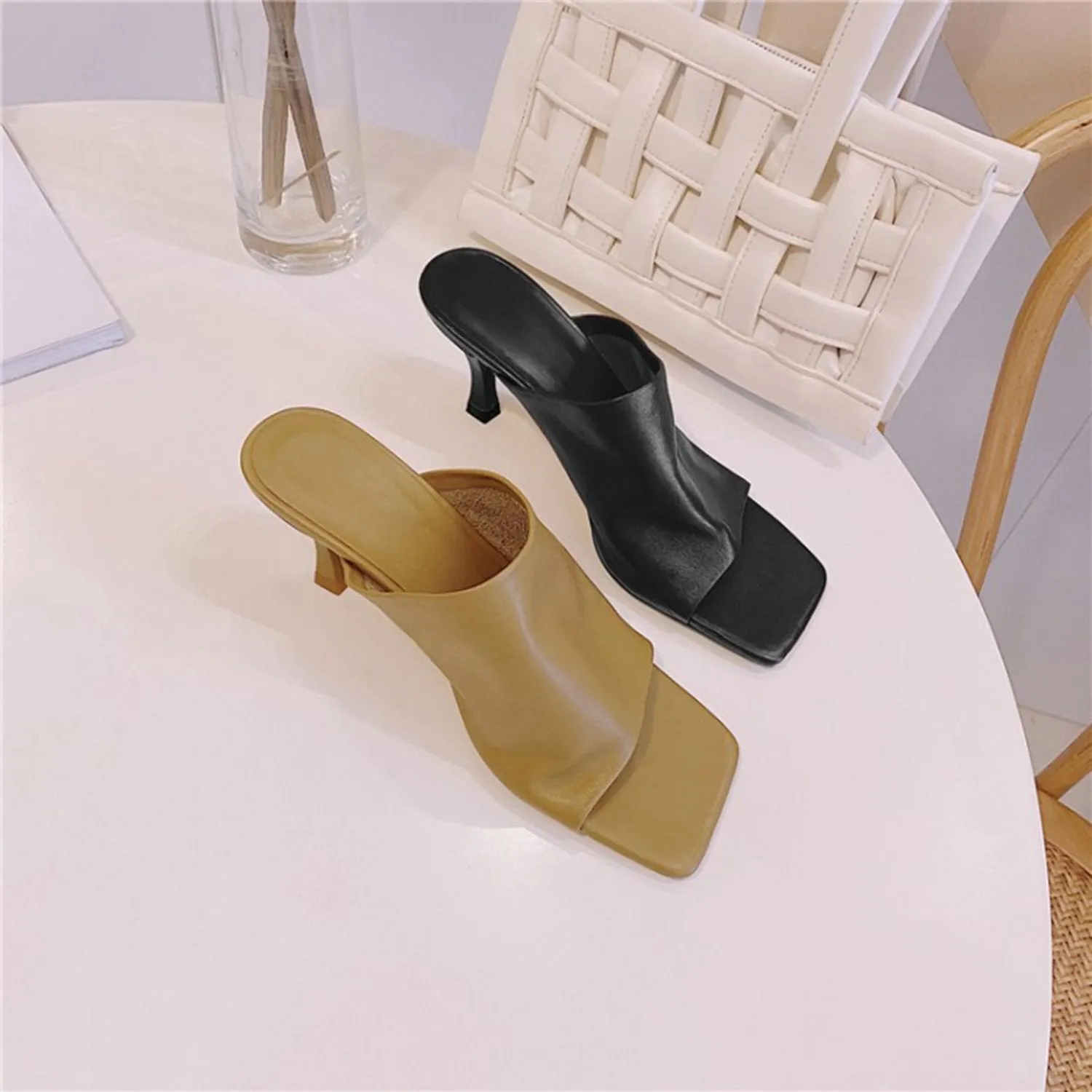 (Clean Up - US 11) Leather Square Open Toe High Heels Pumps