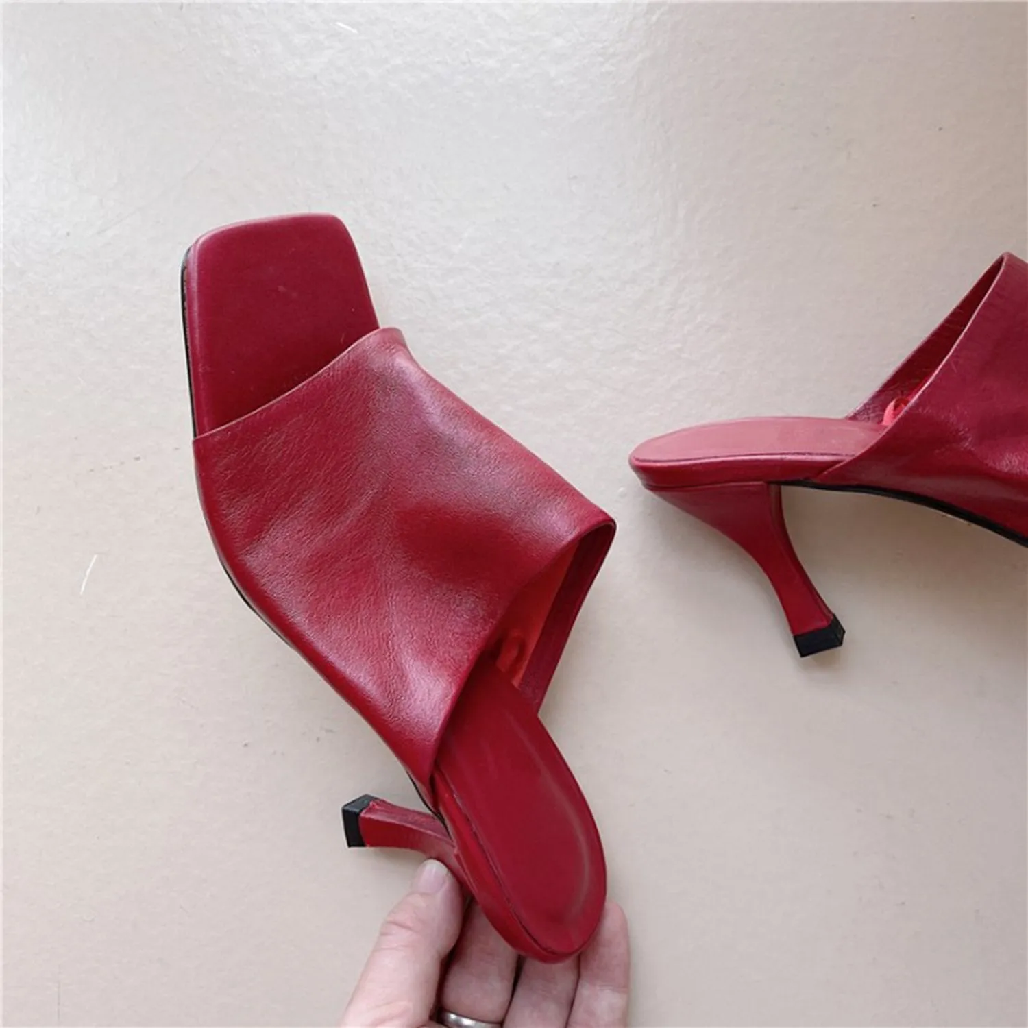 (Clean Up - US 11) Leather Square Open Toe High Heels Pumps