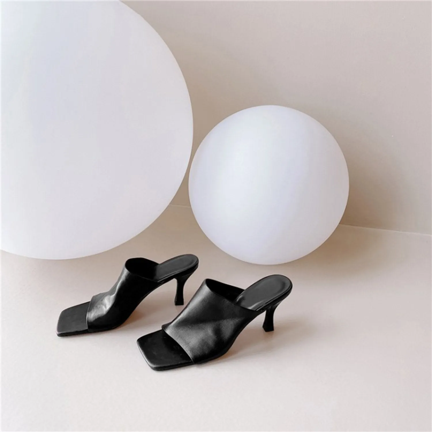 (Clean Up - US 11) Leather Square Open Toe High Heels Pumps