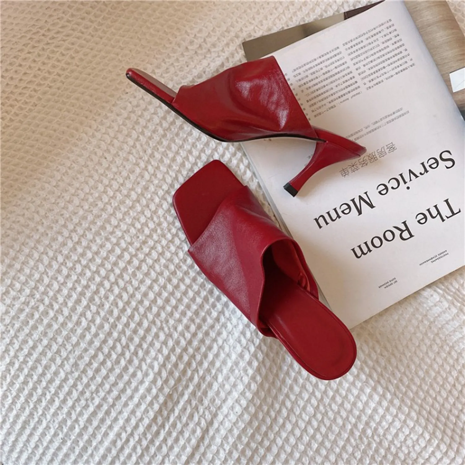 (Clean Up - US 11) Leather Square Open Toe High Heels Pumps