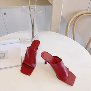 (Clean Up - US 11) Leather Square Open Toe High Heels Pumps