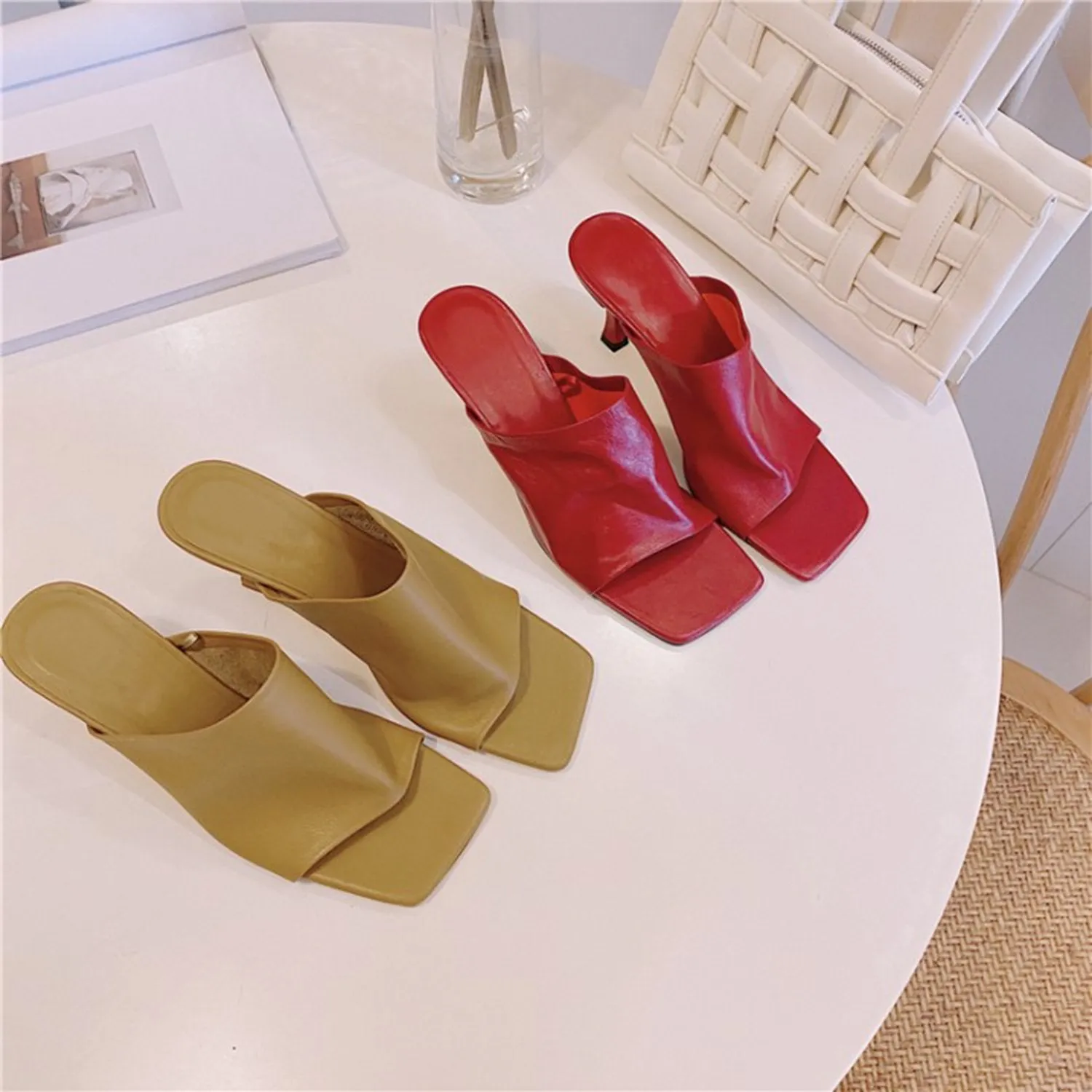 (Clean Up - US 11) Leather Square Open Toe High Heels Pumps