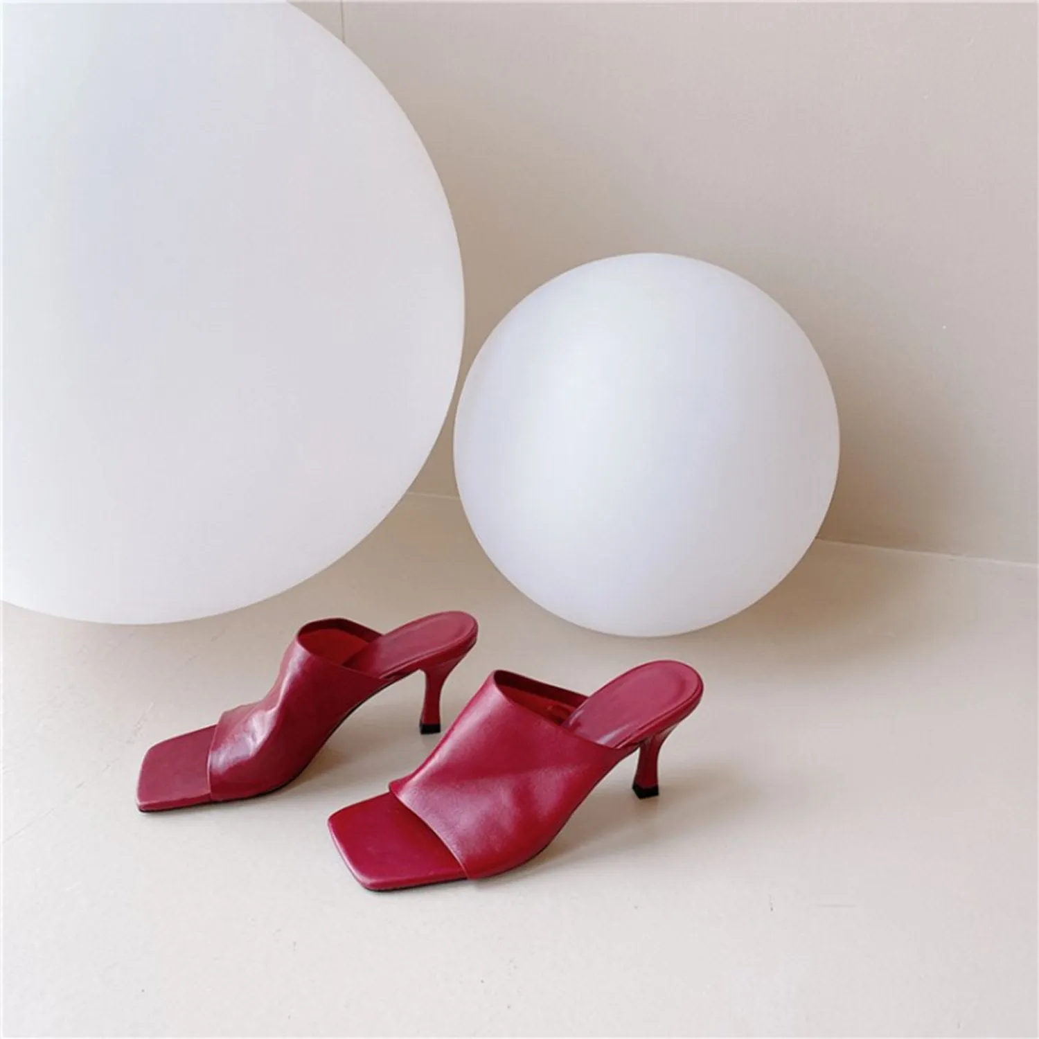 (Clean Up - US 11) Leather Square Open Toe High Heels Pumps