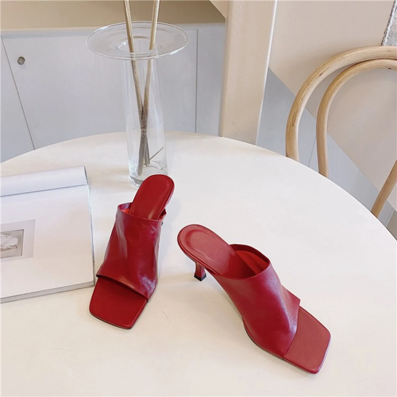 (Clean Up - US 11) Leather Square Open Toe High Heels Pumps