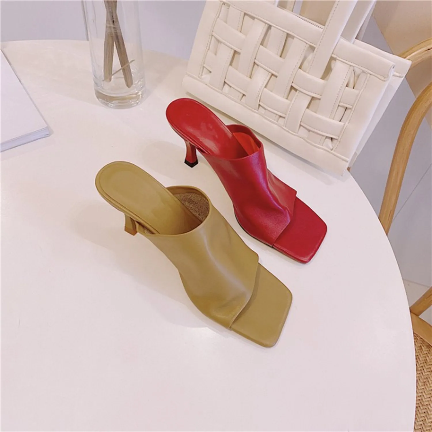 (Clean Up - US 11) Leather Square Open Toe High Heels Pumps