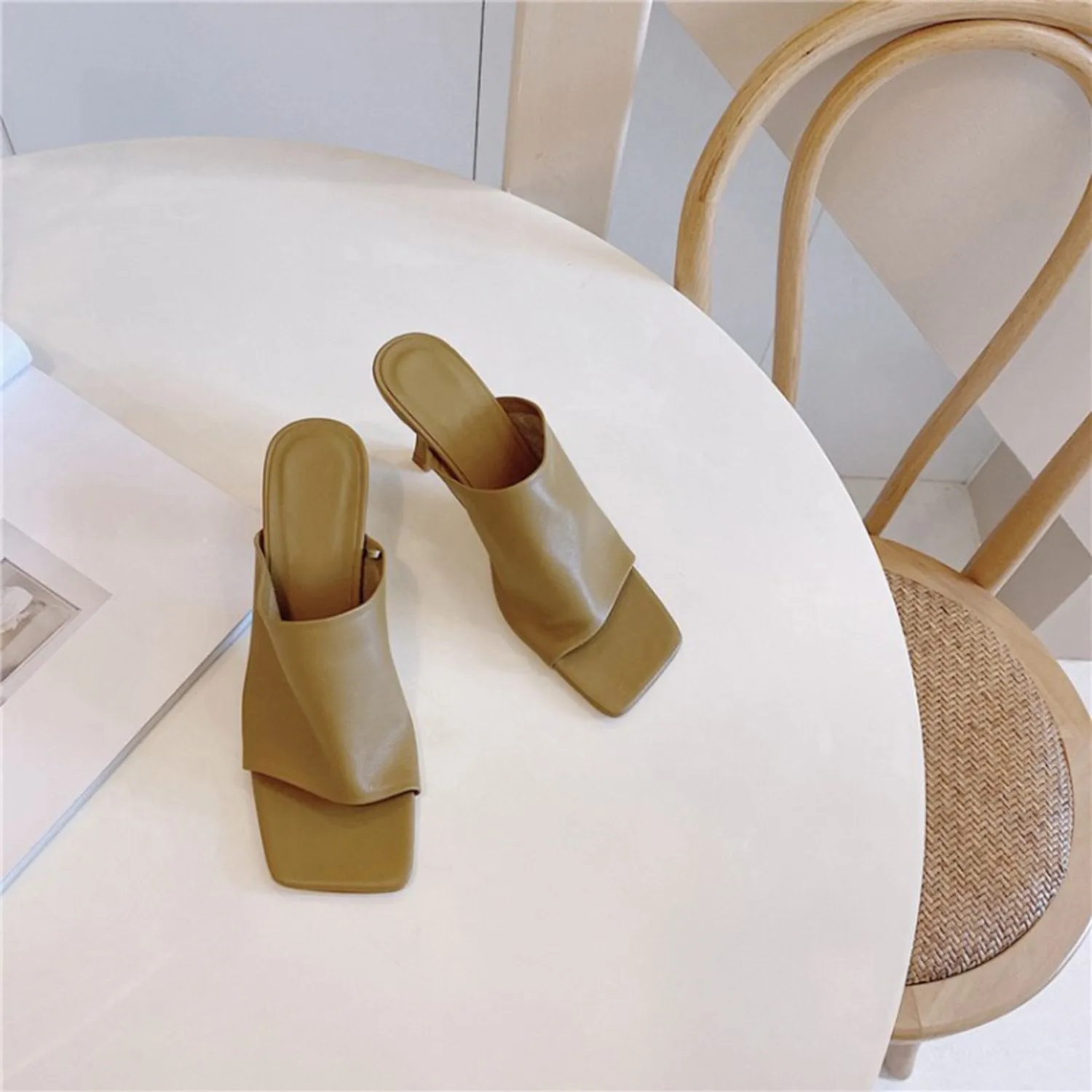 (Clean Up - US 11) Leather Square Open Toe High Heels Pumps