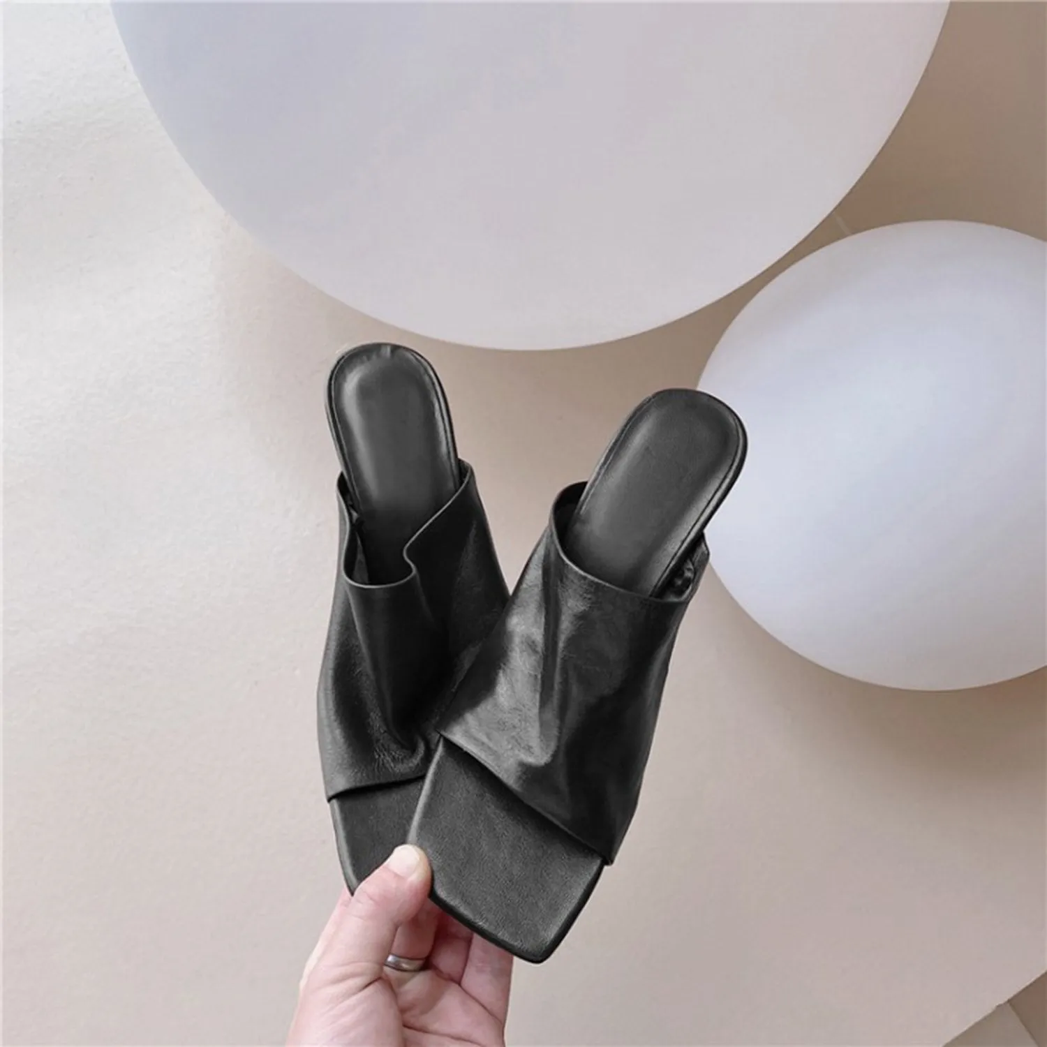 (Clean Up - US 11) Leather Square Open Toe High Heels Pumps