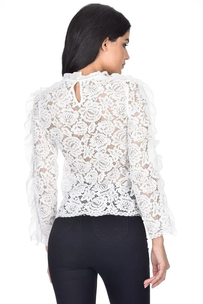 Cream High Neck Lace Ruffle Detail Top