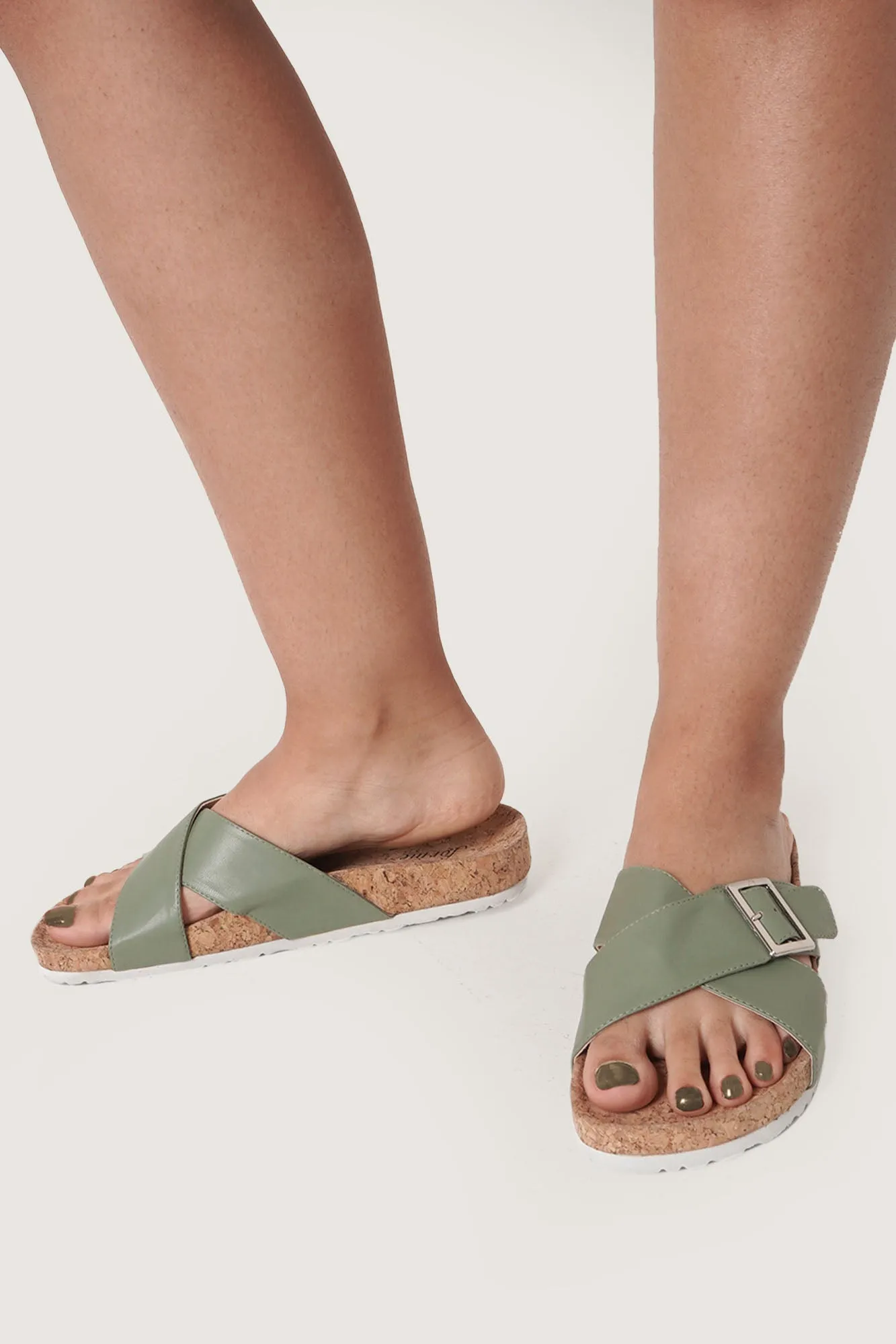 Criss Cross Buckled Cork Sliders