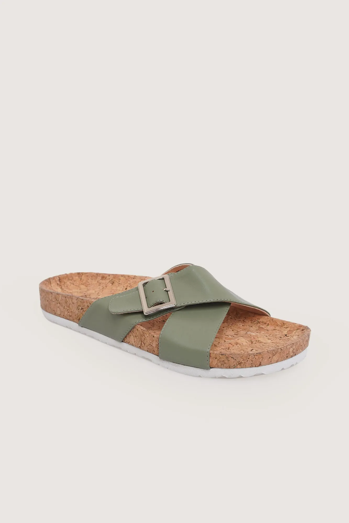 Criss Cross Buckled Cork Sliders