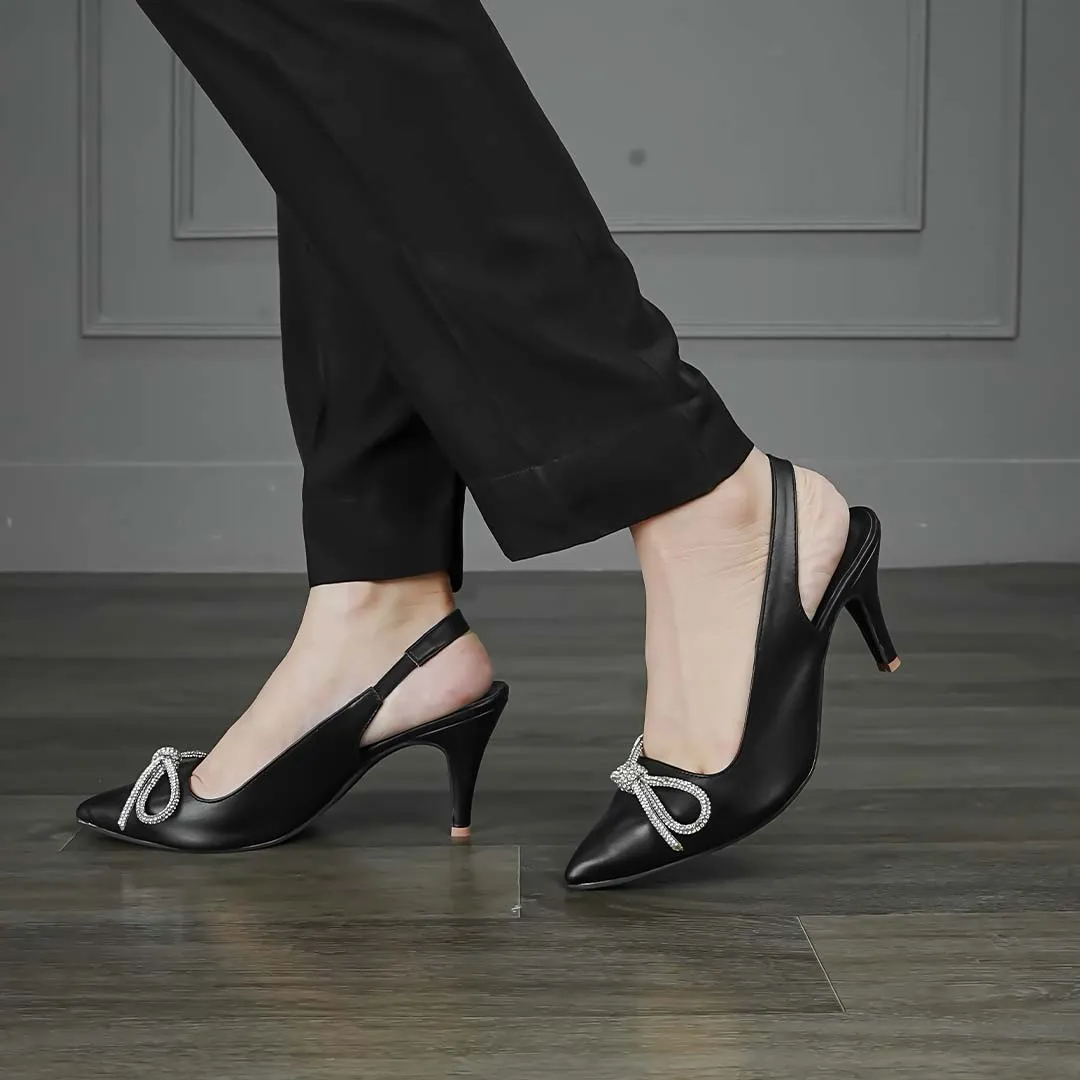 Crystal Bow Kitten Heels Black