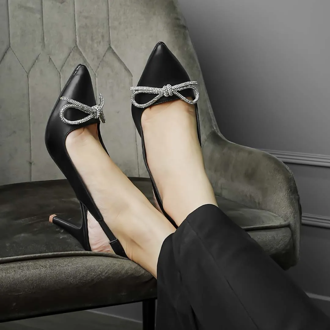 Crystal Bow Kitten Heels Black