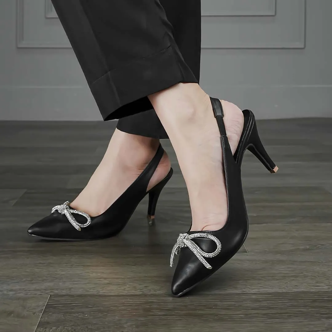 Crystal Bow Kitten Heels Black