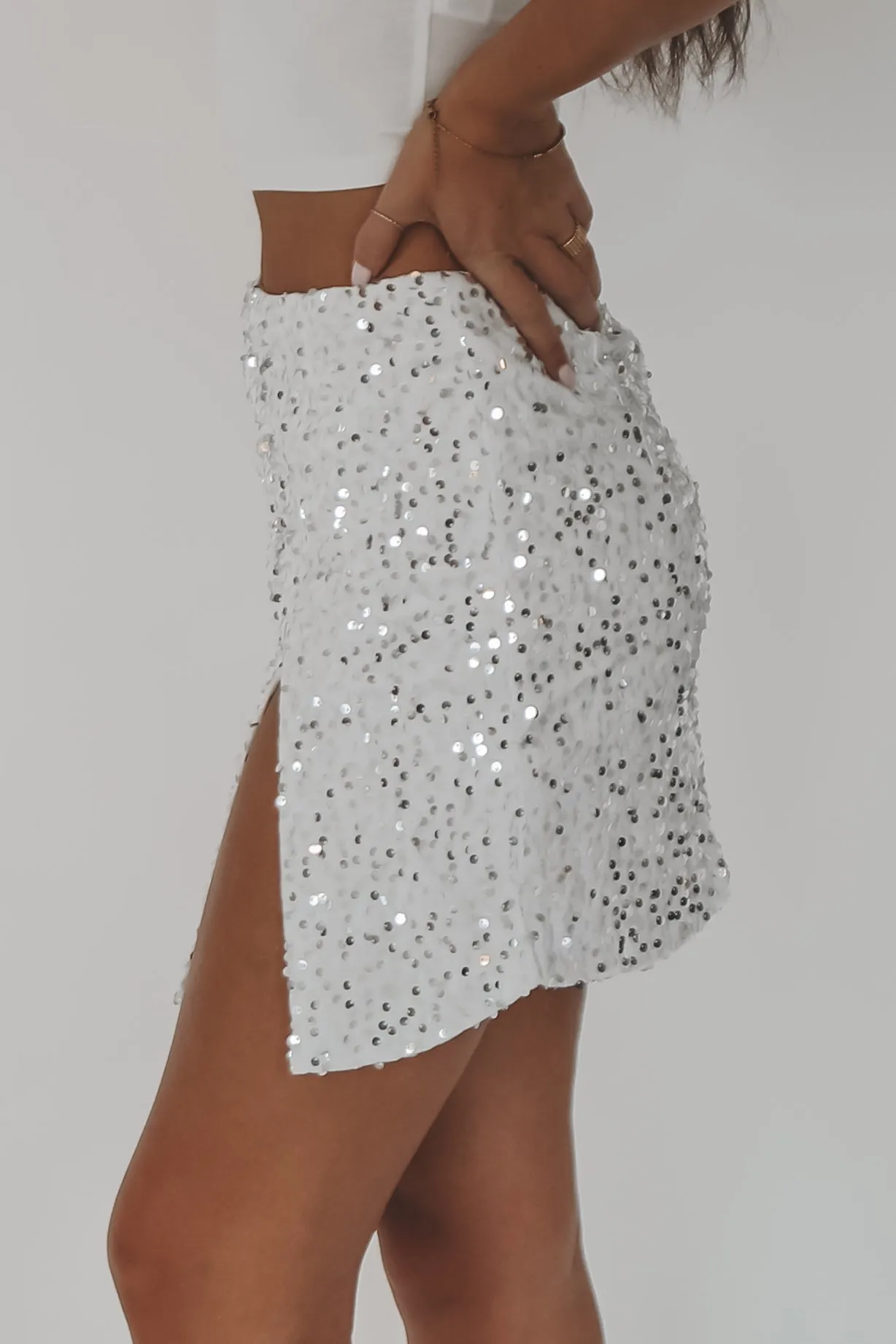 DEAL A Moment For The Sequin High Slit White Mini Skirt