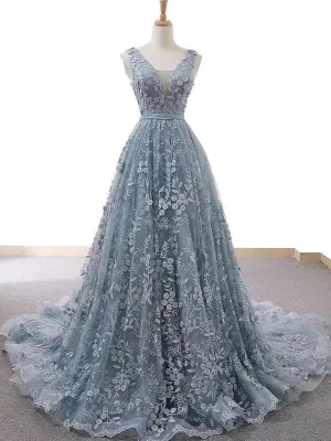Double Neck Unique Lace Prom Dress Long A Line Prom Evening Dress CAP51242