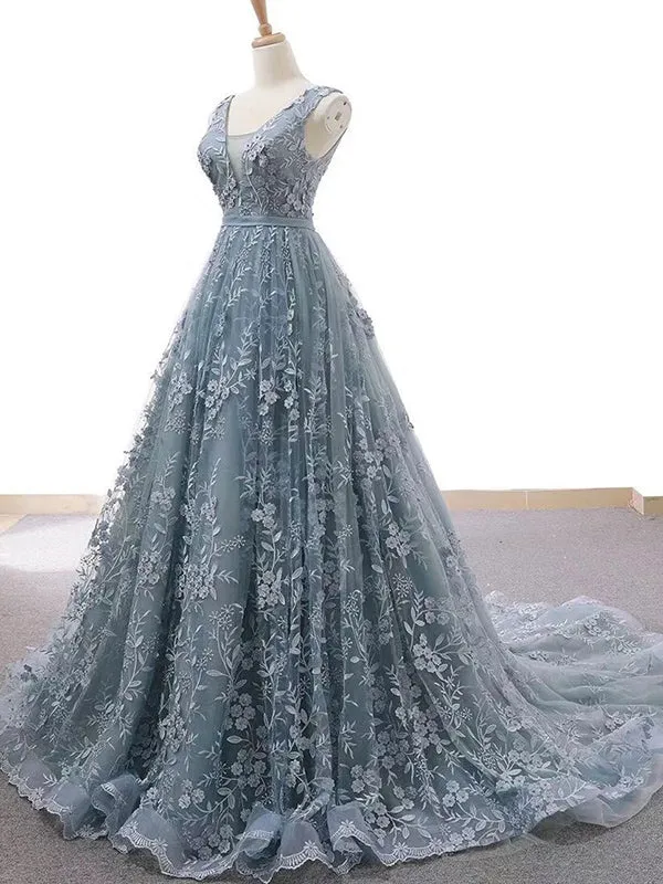 Double Neck Unique Lace Prom Dress Long A Line Prom Evening Dress CAP51242