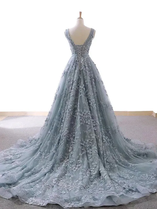 Double Neck Unique Lace Prom Dress Long A Line Prom Evening Dress CAP51242
