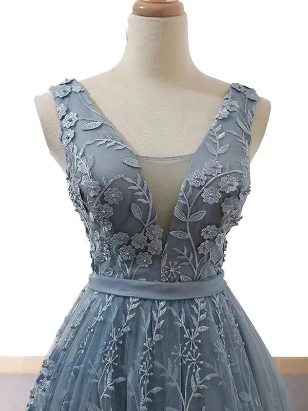 Double Neck Unique Lace Prom Dress Long A Line Prom Evening Dress CAP51242