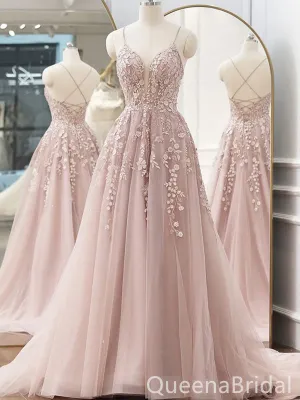 Elegant Lace Appliques Tulle Lace Up Back Evening Gown Long Prom Dresses ,WGP635