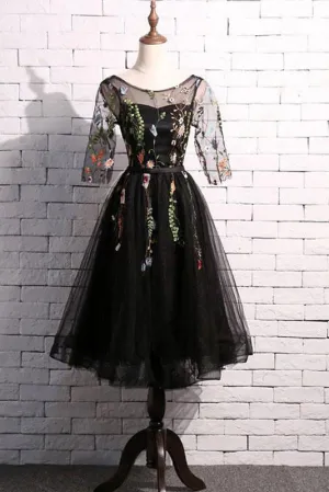 Elegant Lace Homecoming Dress Scoop A-line Embroidery Short Black Prom Dress Party Dress OHM177
