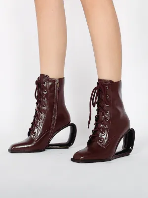 Elevator Wedge-Heel Shoelace Chocolate Leather Boot