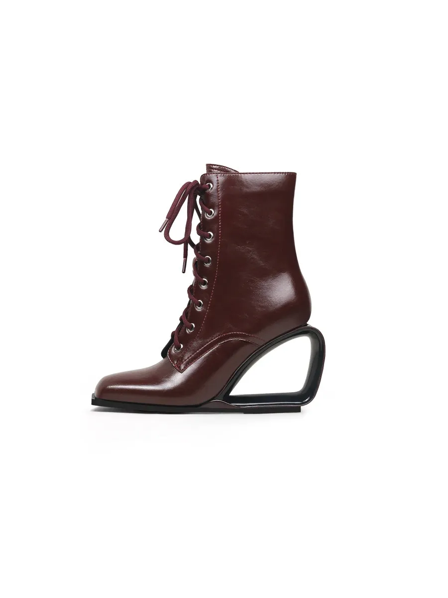 Elevator Wedge-Heel Shoelace Chocolate Leather Boot