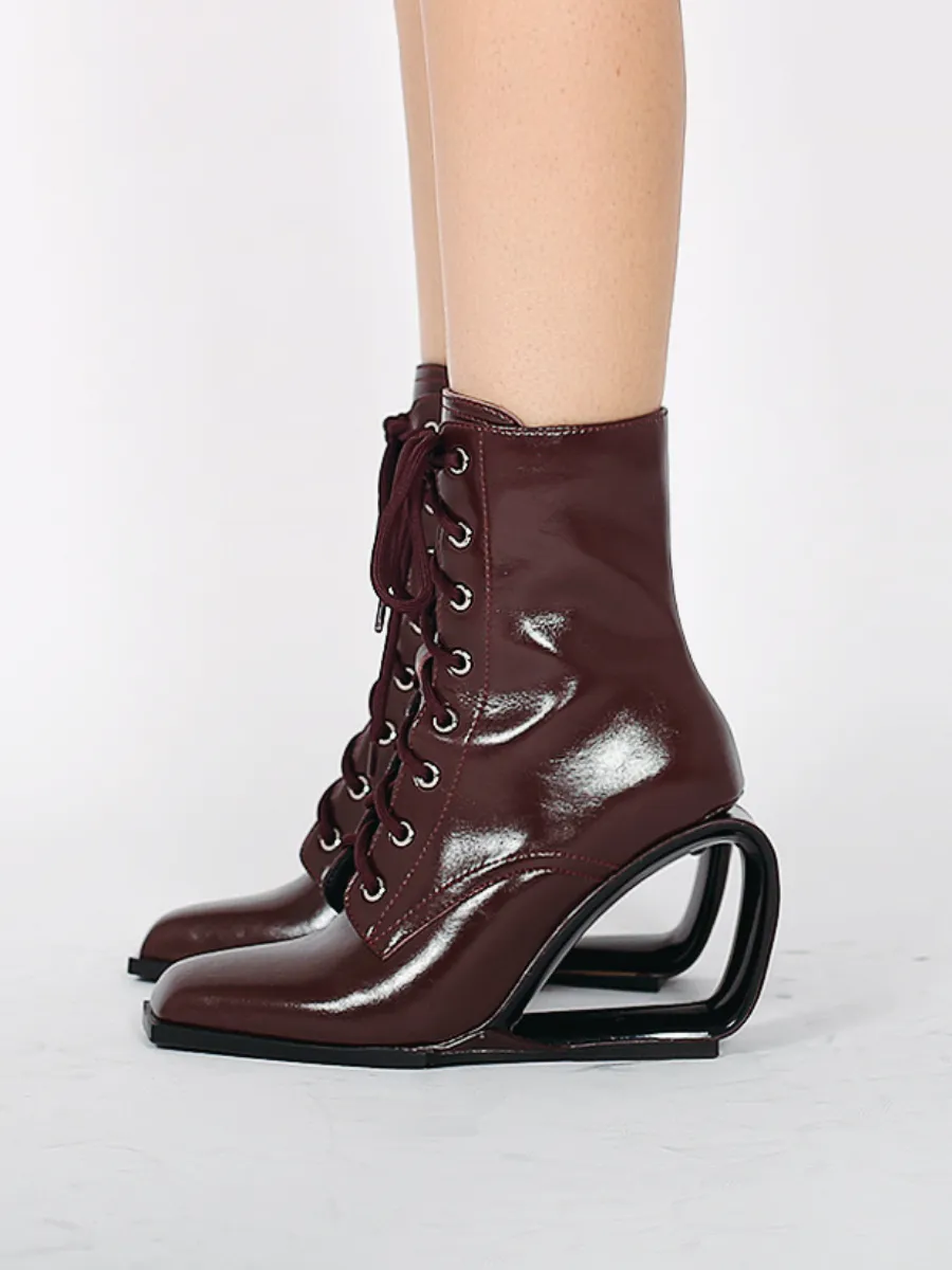 Elevator Wedge-Heel Shoelace Chocolate Leather Boot