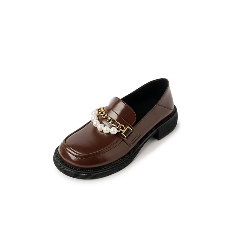 Eliana Genuine Leather Loafers with Chain and Pearl