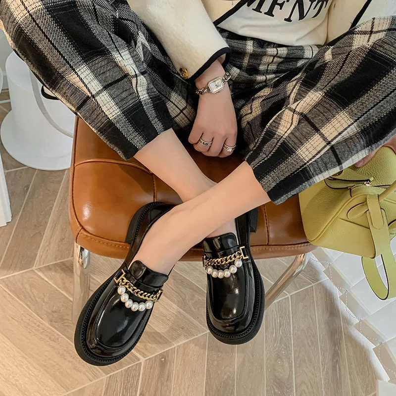 Eliana Genuine Leather Loafers with Chain and Pearl