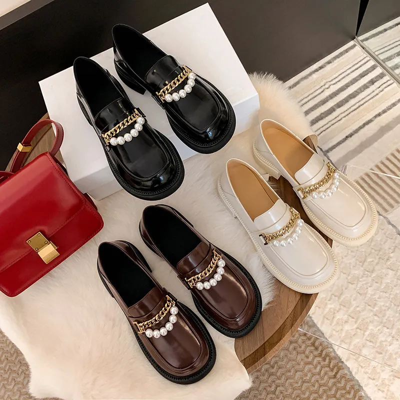 Eliana Genuine Leather Loafers with Chain and Pearl