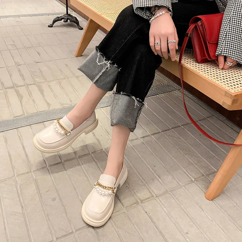 Eliana Genuine Leather Loafers with Chain and Pearl