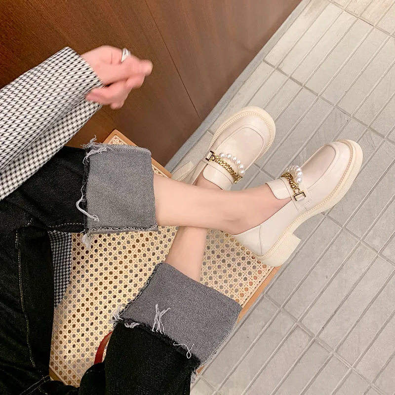 Eliana Genuine Leather Loafers with Chain and Pearl