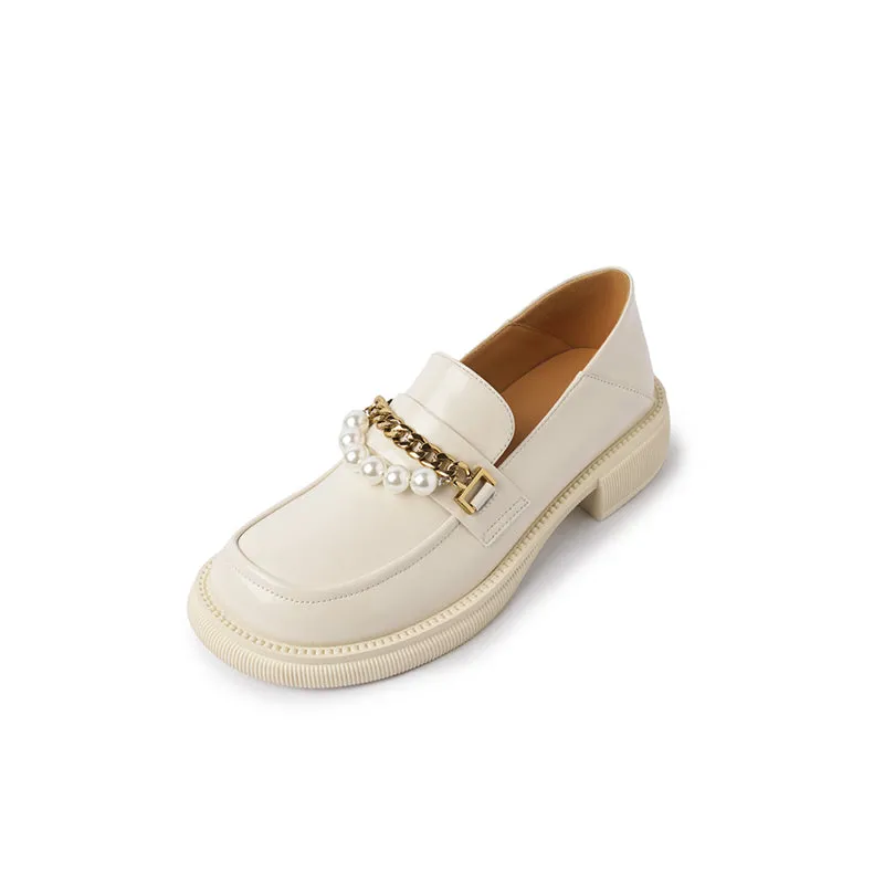 Eliana Genuine Leather Loafers with Chain and Pearl