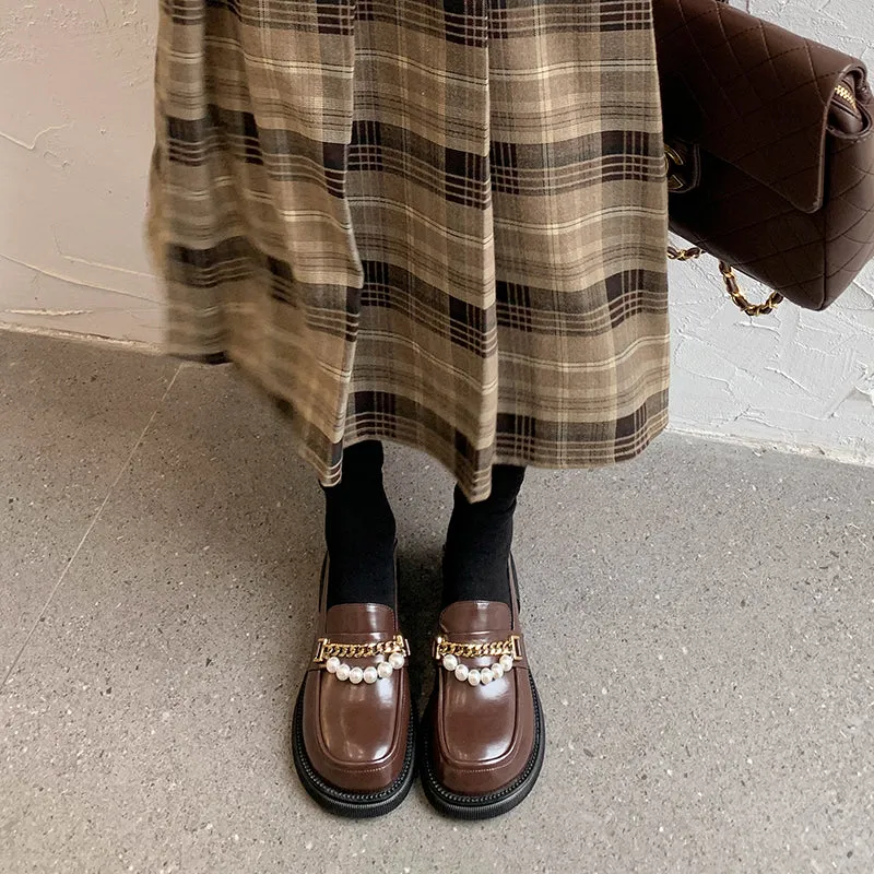 Eliana Genuine Leather Loafers with Chain and Pearl