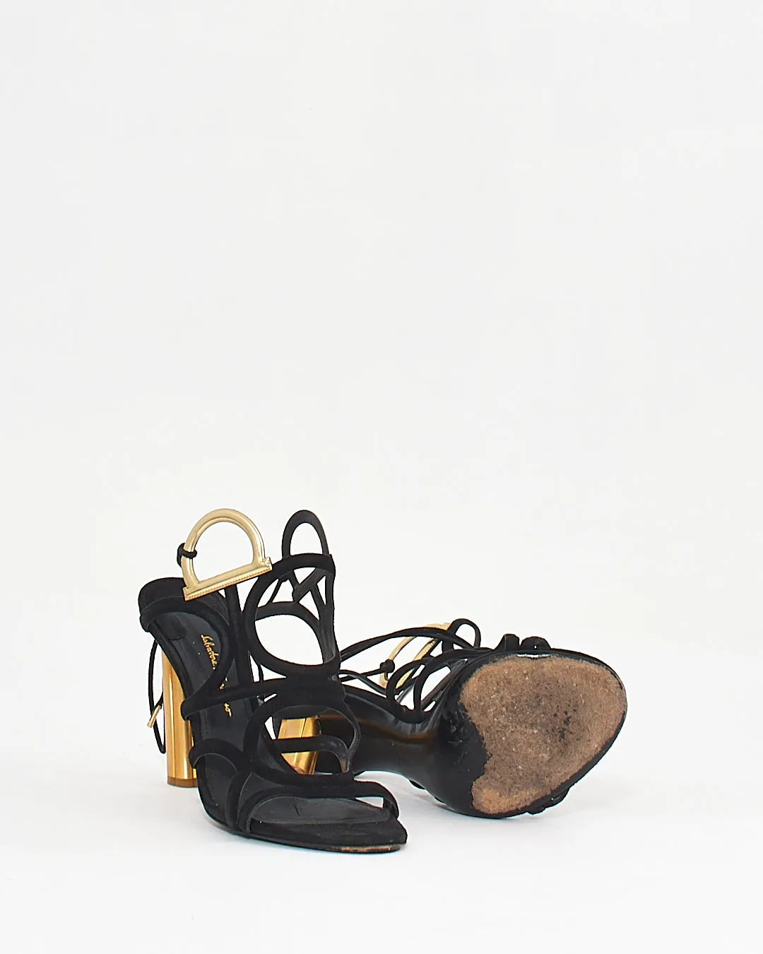 Ferragamo Black/Gold suede Lace Up Heels - 8C