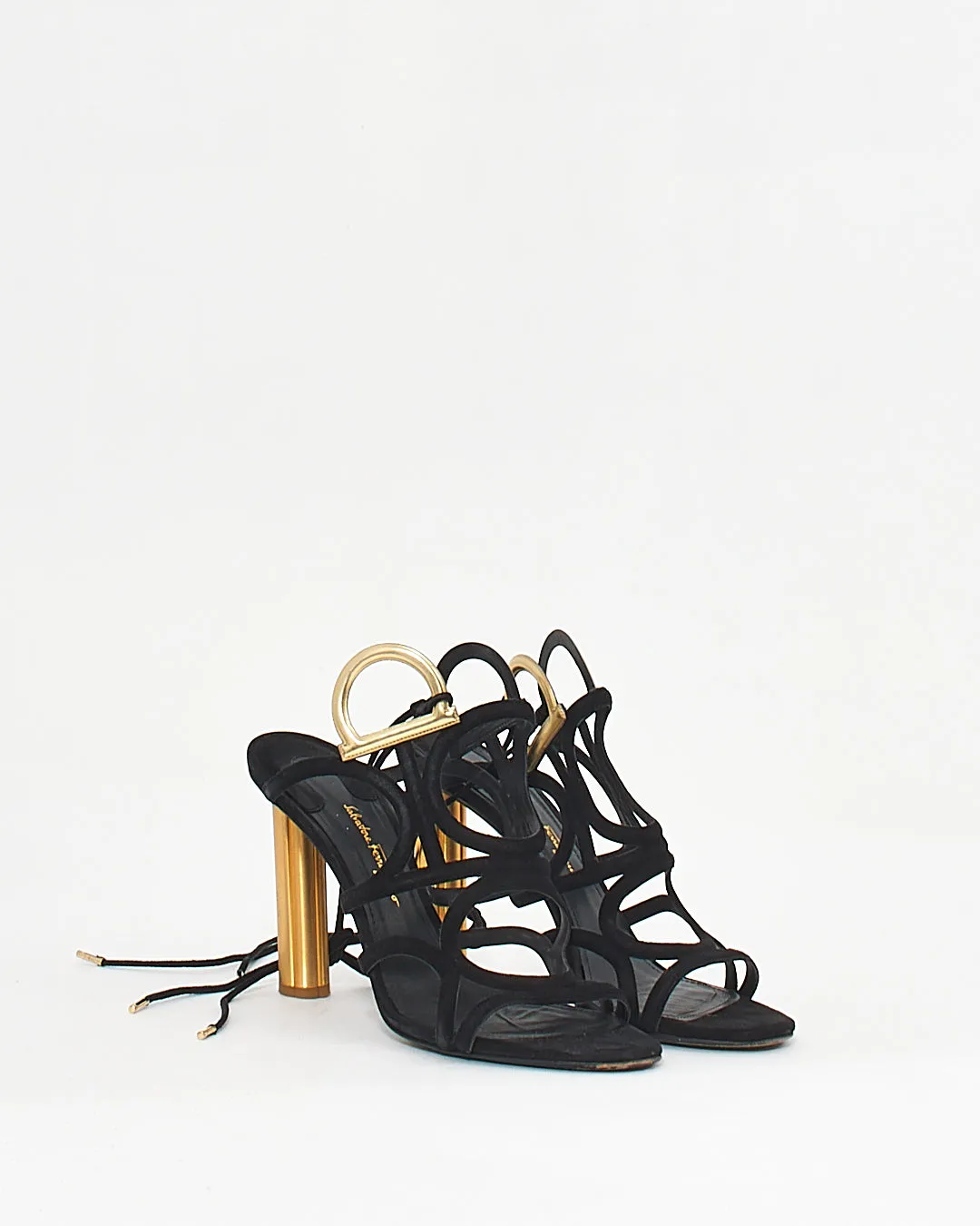 Ferragamo Black/Gold suede Lace Up Heels - 8C