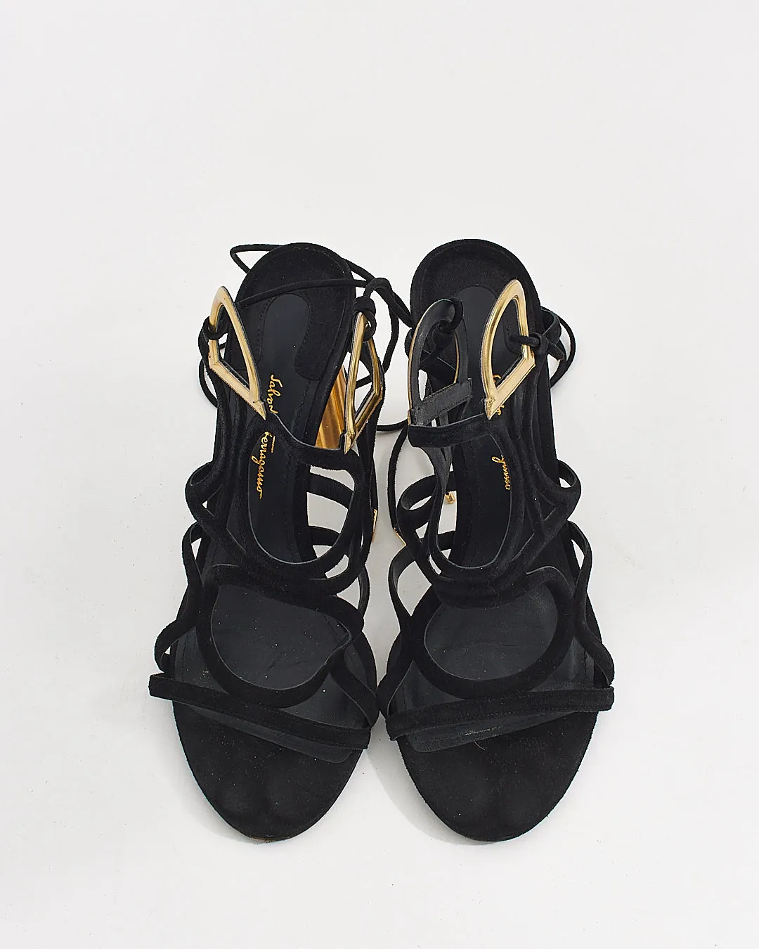 Ferragamo Black/Gold suede Lace Up Heels - 8C