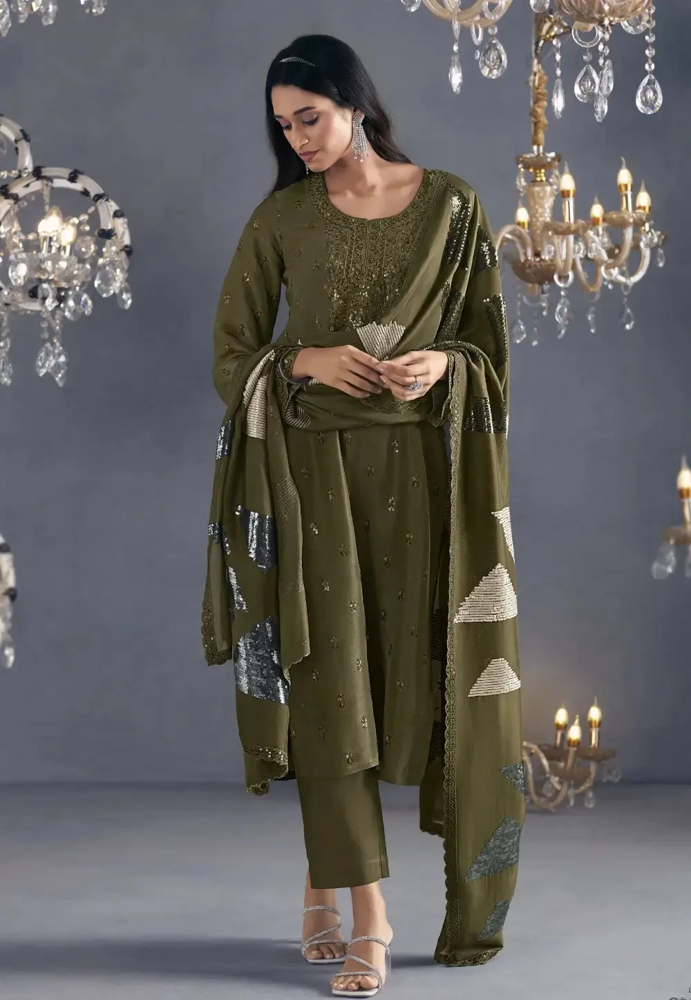 Flawless Sophistication Embroidered Olive Green Pant Suit